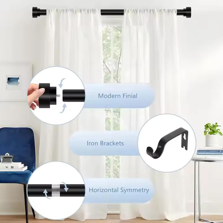 Ricktorious Curtain Rod Set, Modern Black Telescopic Pole with Iron Brackets, Adjustable Length, Easy Installation 66 to 120 inches