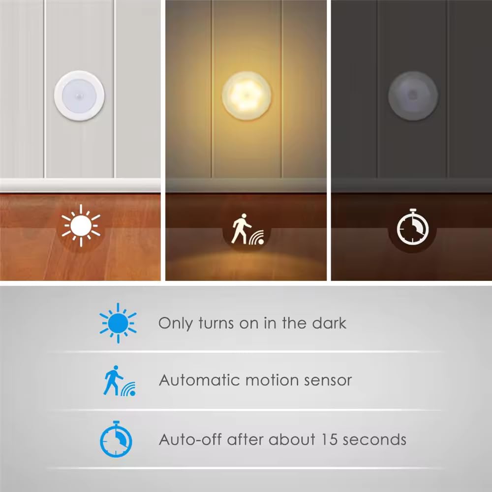 Motion Sensor LED Night Lights Set of 3 – 6000K Daylight White, 80 Lumens, 8.8 x 8.8 x 3.8 cm – Energy Class A – Battery Operated, Automatic On/Off, Ideal for Hallways, Stairs, and Bedrooms