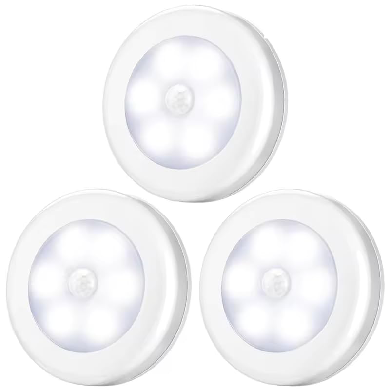 Motion Sensor LED Night Lights Set of 3 – 6000K Daylight White, 80 Lumens, 8.8 x 8.8 x 3.8 cm – Energy Class A – Battery Operated, Automatic On/Off, Ideal for Hallways, Stairs, and Bedrooms