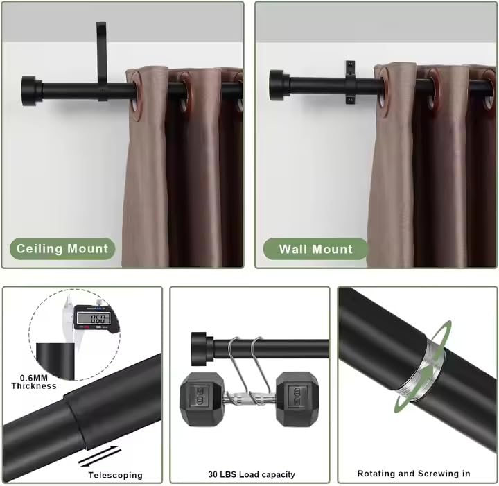 Ricktorious Curtain Rod Set, Modern Black Telescopic Pole with Iron Brackets, Adjustable Length, Easy Installation 66 to 120 inches