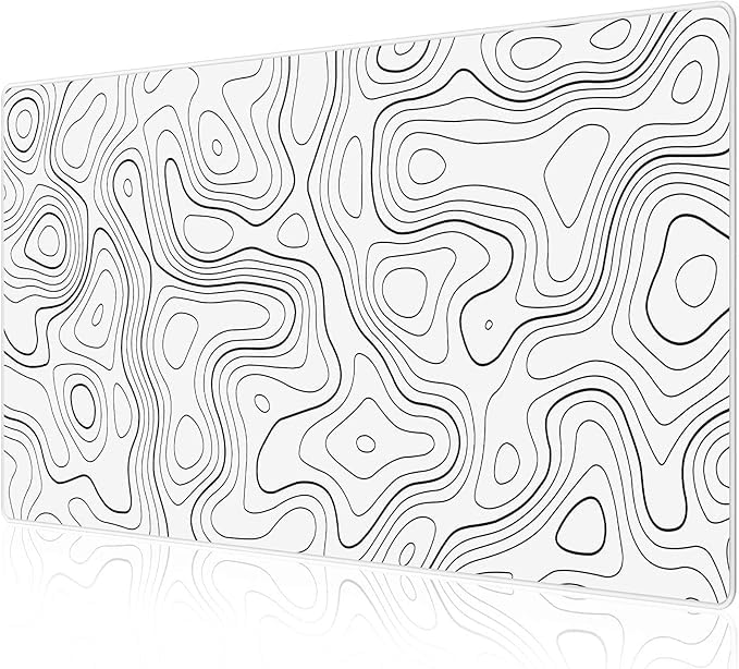 White Gaming Mouse Pad – 90 x 40 cm Nature Rubber Gaming and Office Mouse Pad – Black and White Topographic Design – Non-Slip Base – Water-Resistant – Large Desk Mat