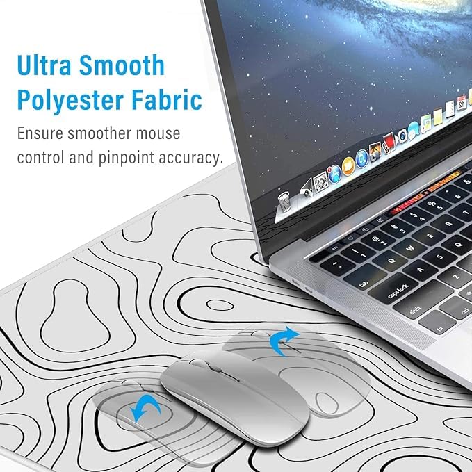 White Gaming Mouse Pad – 90 x 40 cm Nature Rubber Gaming and Office Mouse Pad – Black and White Topographic Design – Non-Slip Base – Water-Resistant – Large Desk Mat