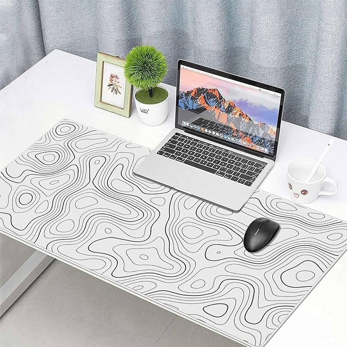 White Gaming Mouse Pad – 90 x 40 cm Nature Rubber Gaming and Office Mouse Pad – Black and White Topographic Design – Non-Slip Base – Water-Resistant – Large Desk Mat