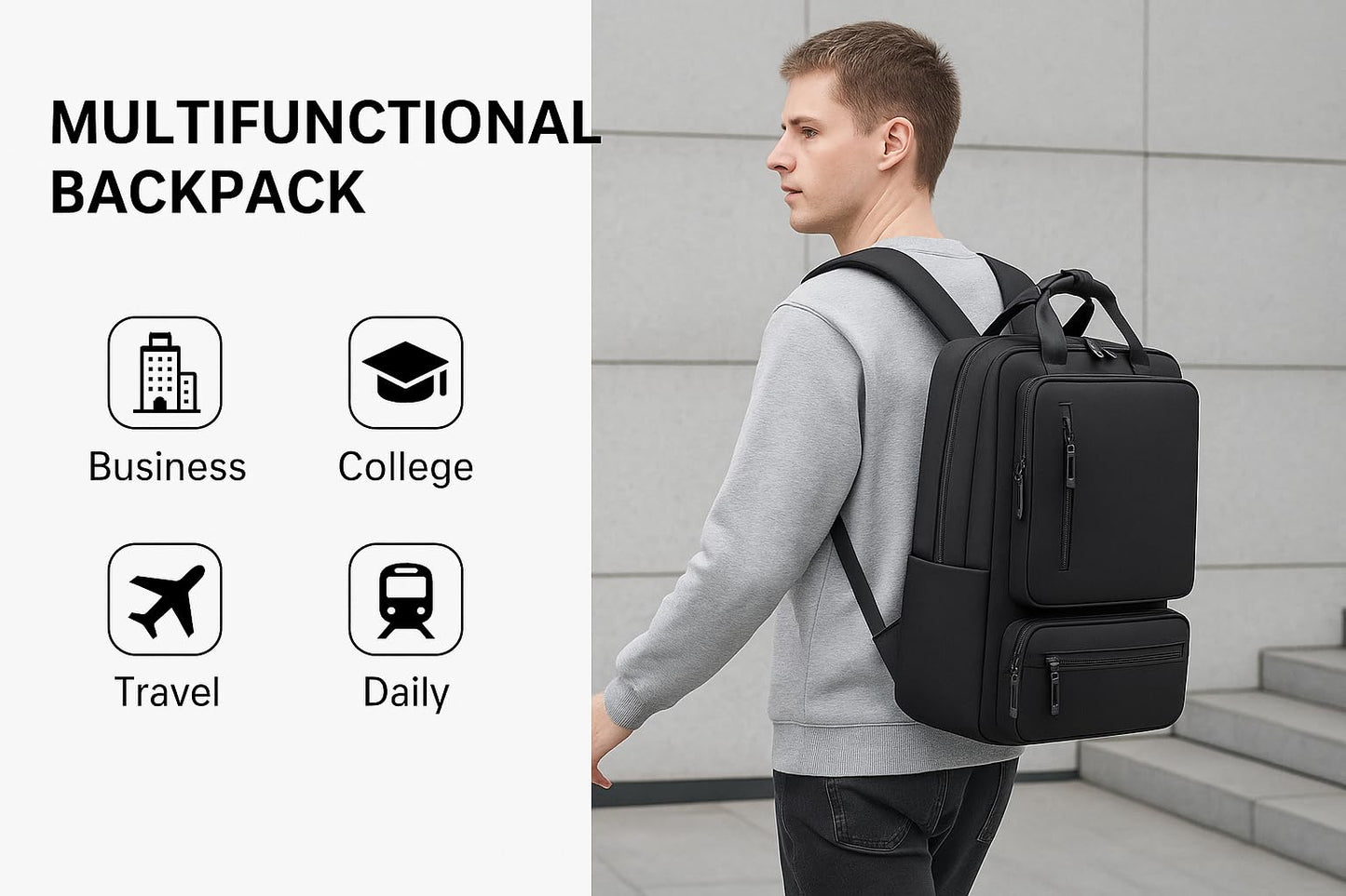 Ricktorious Multifunctional Water-Resistant Backpack, Black, Business Travel College Laptop Bag with Multiple Compartments