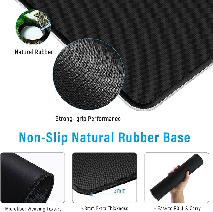 White Gaming Mouse Pad – 90 x 40 cm Nature Rubber Gaming and Office Mouse Pad – Black and White Topographic Design – Non-Slip Base – Water-Resistant – Large Desk Mat
