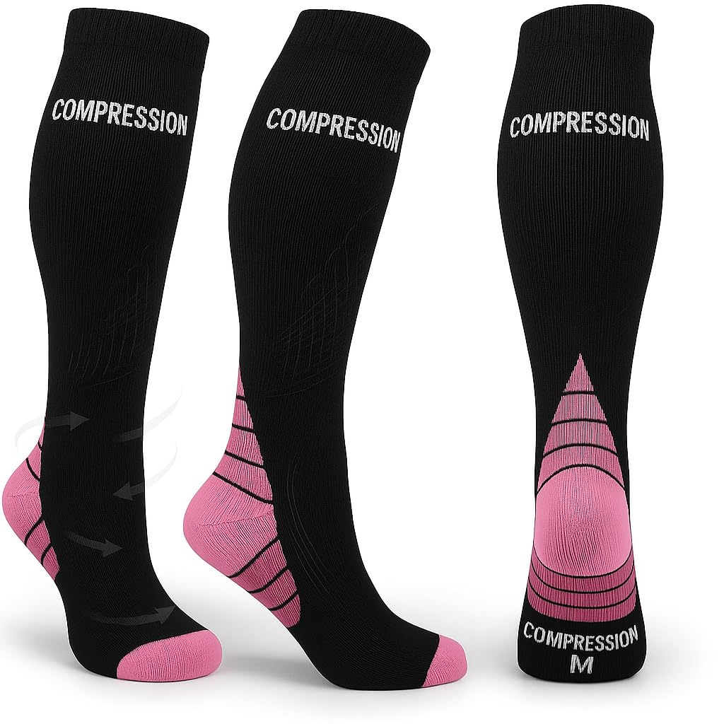 Ricktorious Graduated Compression Socks, Crew Length, Sports Performance, Breathable, Pink/Blue Medium Size