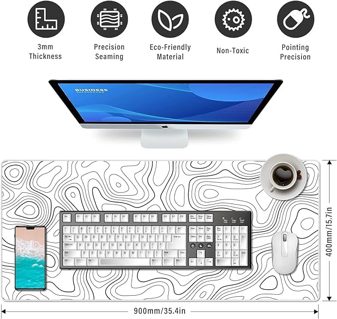 White Gaming Mouse Pad – 90 x 40 cm Nature Rubber Gaming and Office Mouse Pad – Black and White Topographic Design – Non-Slip Base – Water-Resistant – Large Desk Mat