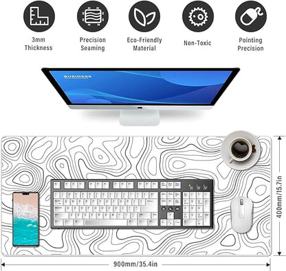 White Gaming Mouse Pad – 90 x 40 cm Nature Rubber Gaming and Office Mouse Pad – Black and White Topographic Design – Non-Slip Base – Water-Resistant – Large Desk Mat