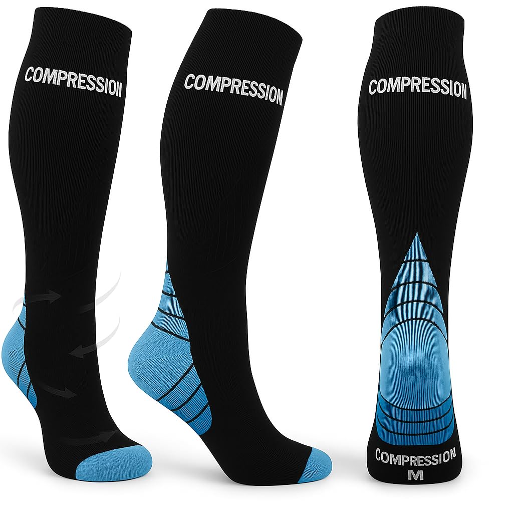 Ricktorious Graduated Compression Socks, Crew Length, Sports Performance, Breathable, Pink/Blue Medium Size