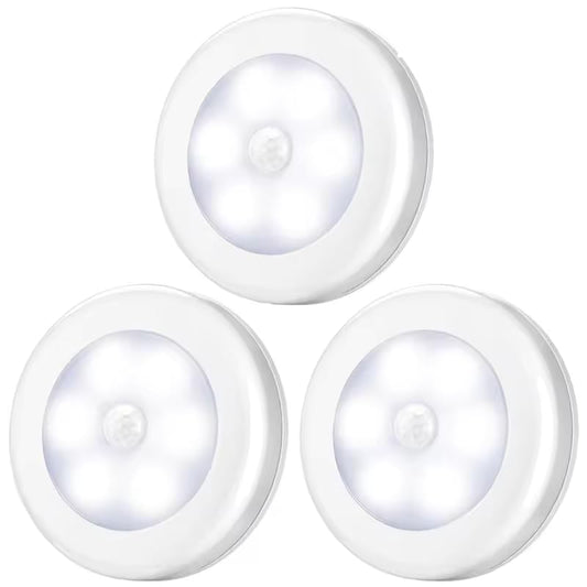 Motion Sensor LED Night Lights Set of 3 – 6000K Daylight White, 80 Lumens, 8.8 x 8.8 x 3.8 cm – Energy Class A – Battery Operated, Automatic On/Off, Ideal for Hallways, Stairs, and Bedrooms