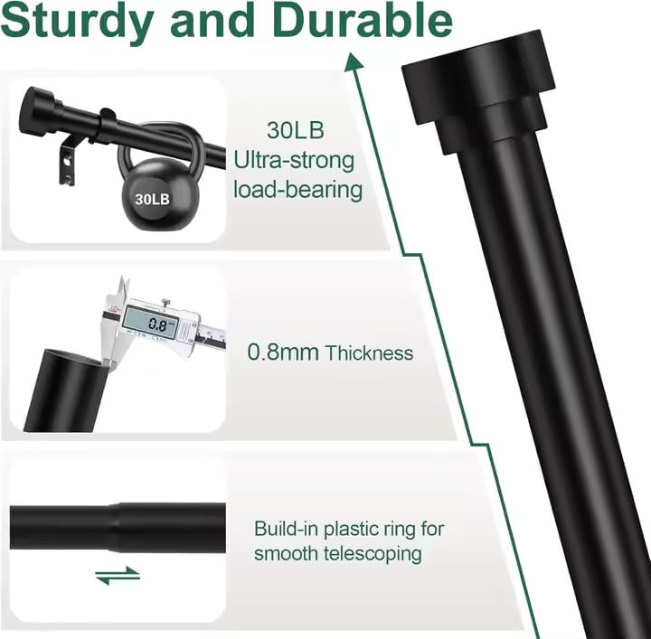 Ricktorious Curtain Rod Set, Modern Black Telescopic Pole with Iron Brackets, Adjustable Length, Easy Installation 66 to 120 inches