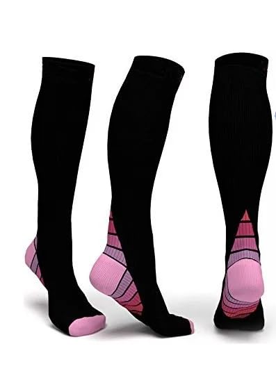 Ricktorious Graduated Compression Socks, Crew Length, Sports Performance, Breathable, Pink/Blue Medium Size
