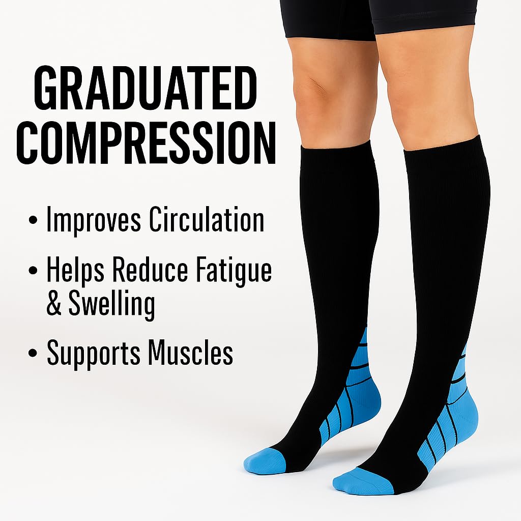 Ricktorious Graduated Compression Socks, Crew Length, Sports Performance, Breathable, Pink/Blue Medium Size