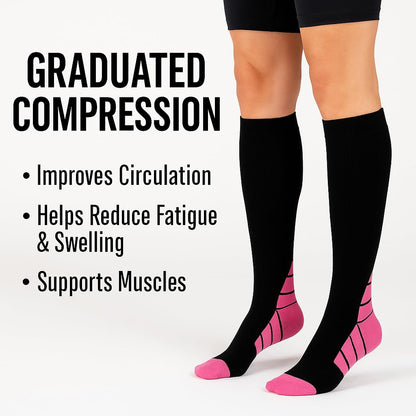 Ricktorious Graduated Compression Socks, Crew Length, Sports Performance, Breathable, Pink/Blue Medium Size